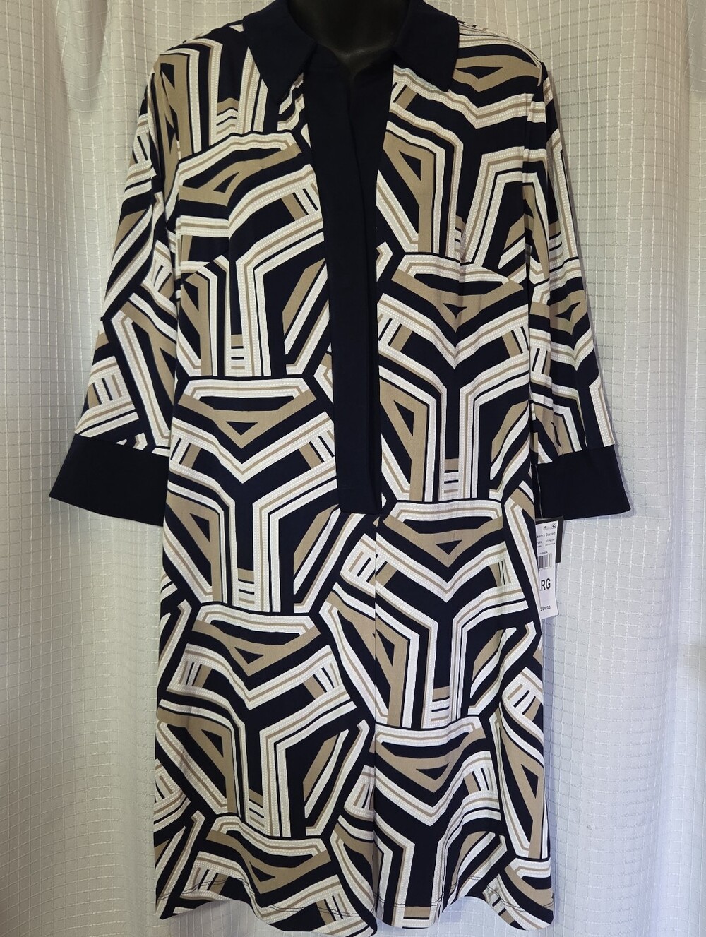 Sandra Darren Women's 3/4 Sleeve Geometric Print Dress Large Navy And Tan NWT